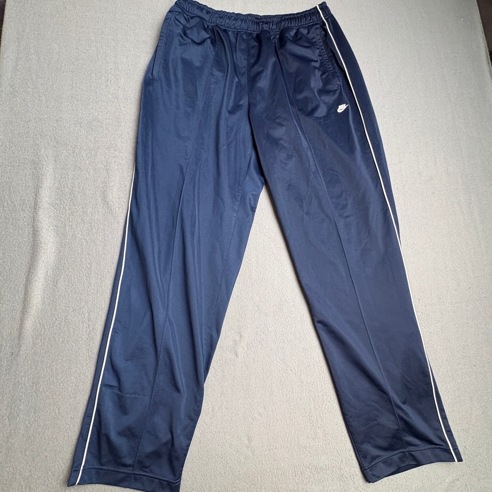 Nike Mens XL Navy Blue Track Pants White Stripe Zip Pockets Ankle Zips Athletic